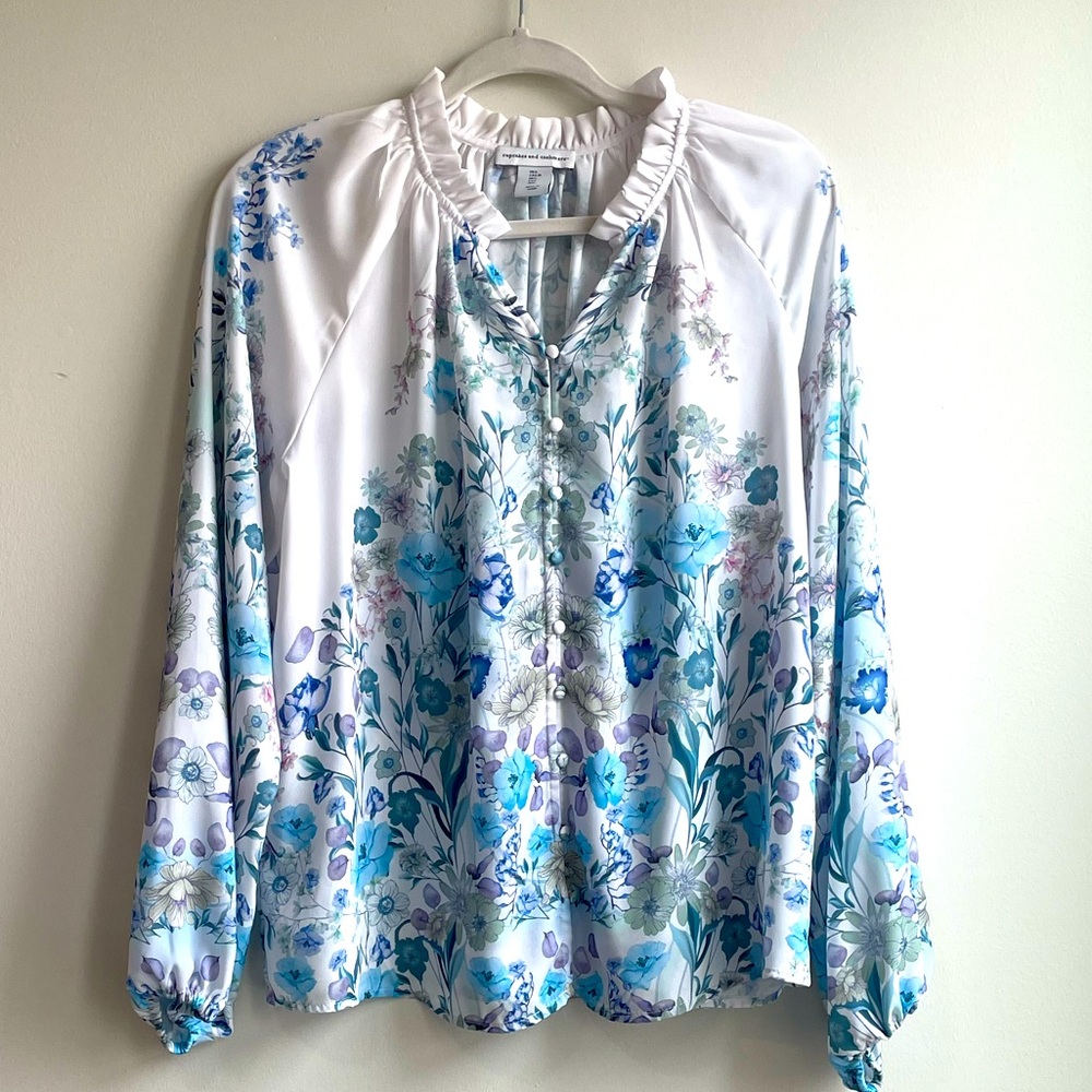 Flowers print long sleeve white Spring blouse